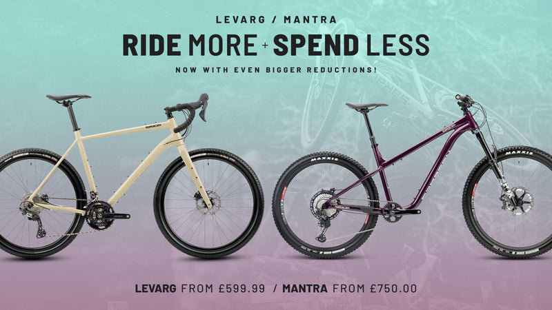 Two bicycles, one beige and one purple, on a gradient background with promotional text.