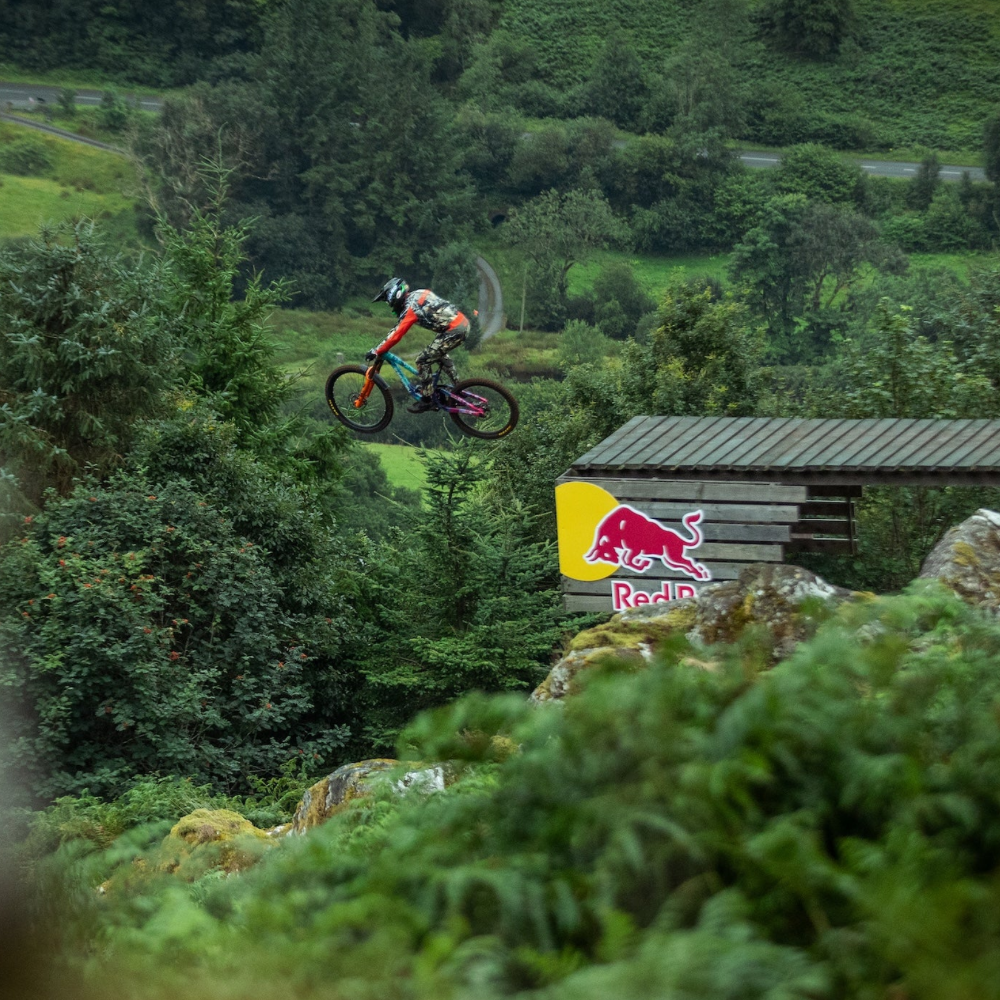 Biker performing a stunt in the air with a Red Bull sign in the background