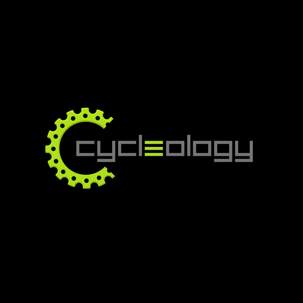 Logo of Cycleology with a green gear design on a black background
