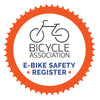 Logo of the Bicycle Association E-Bike Safety Register with an orange gear-like border.