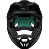 Black helmet with green interior on a white background