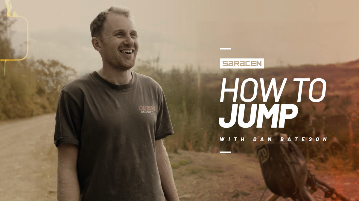 Man standing outdoors with text overlay 'How to Jump with Dan Bategon' and 'Saracen' branding.