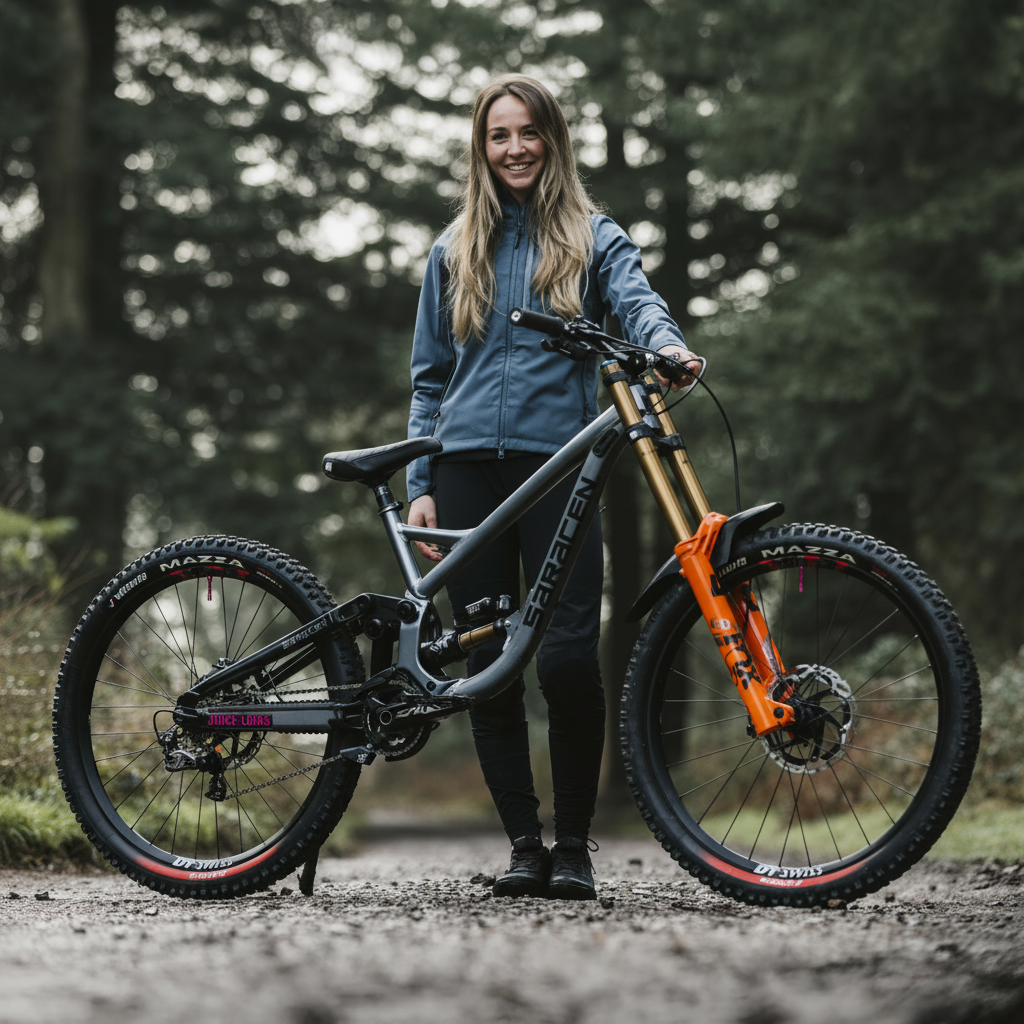 Woman standing with a mountain bike in a forest setting
