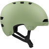 Green helmet with black straps on a white background