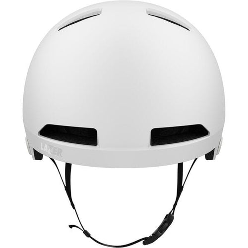 White helmet with black straps on a white background