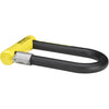 Black U-shaped bike lock with yellow handle on a white background