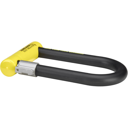 Black U-shaped bike lock with yellow handle on a white background