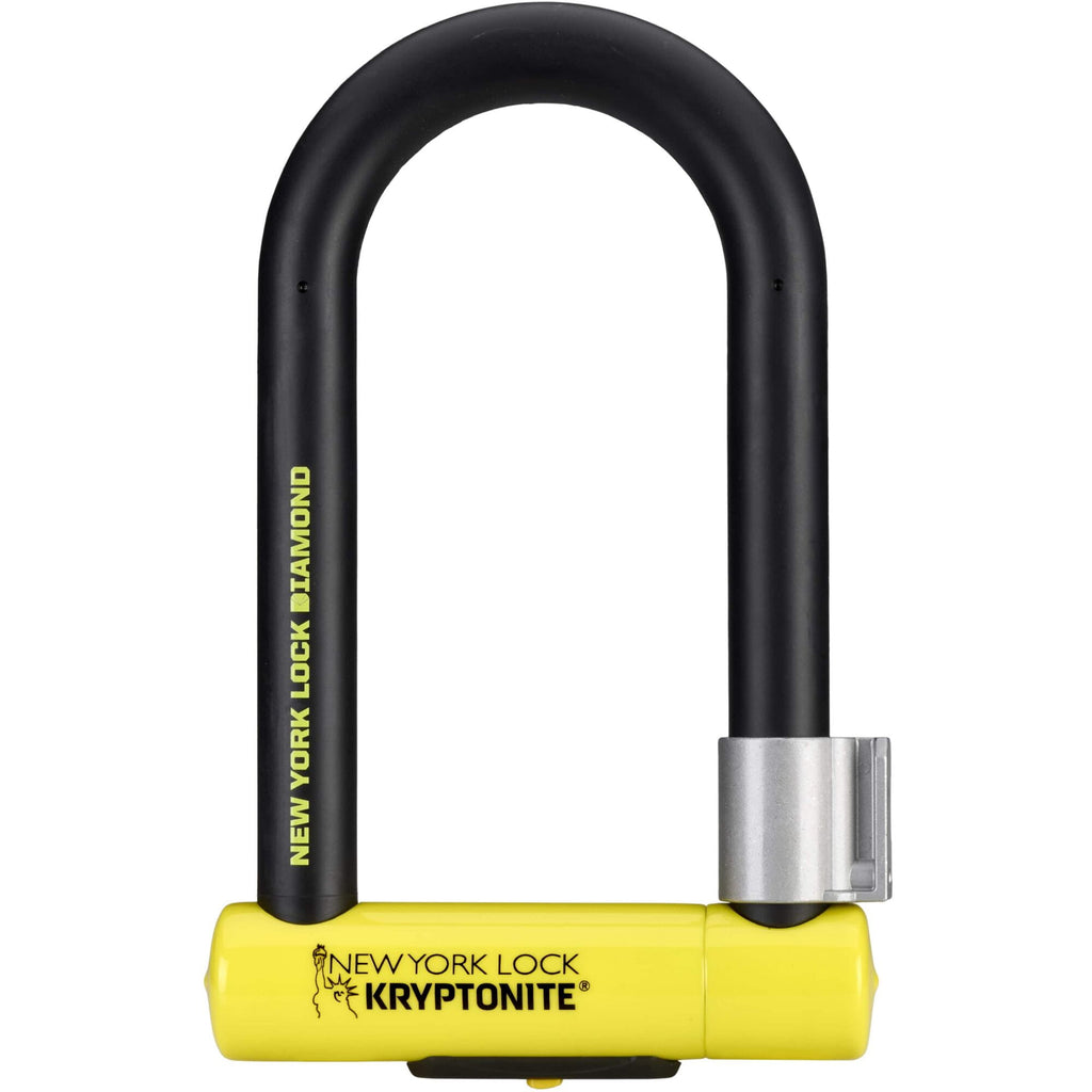 Black and yellow U-shaped lock with 'New York Lock Diamond' and 'Kryptonite' branding on a white background.
