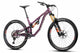 Red, purple full suspension mountain bike with gold suspension on white background