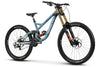 Mountain bike with blue frame and black tires on a white background