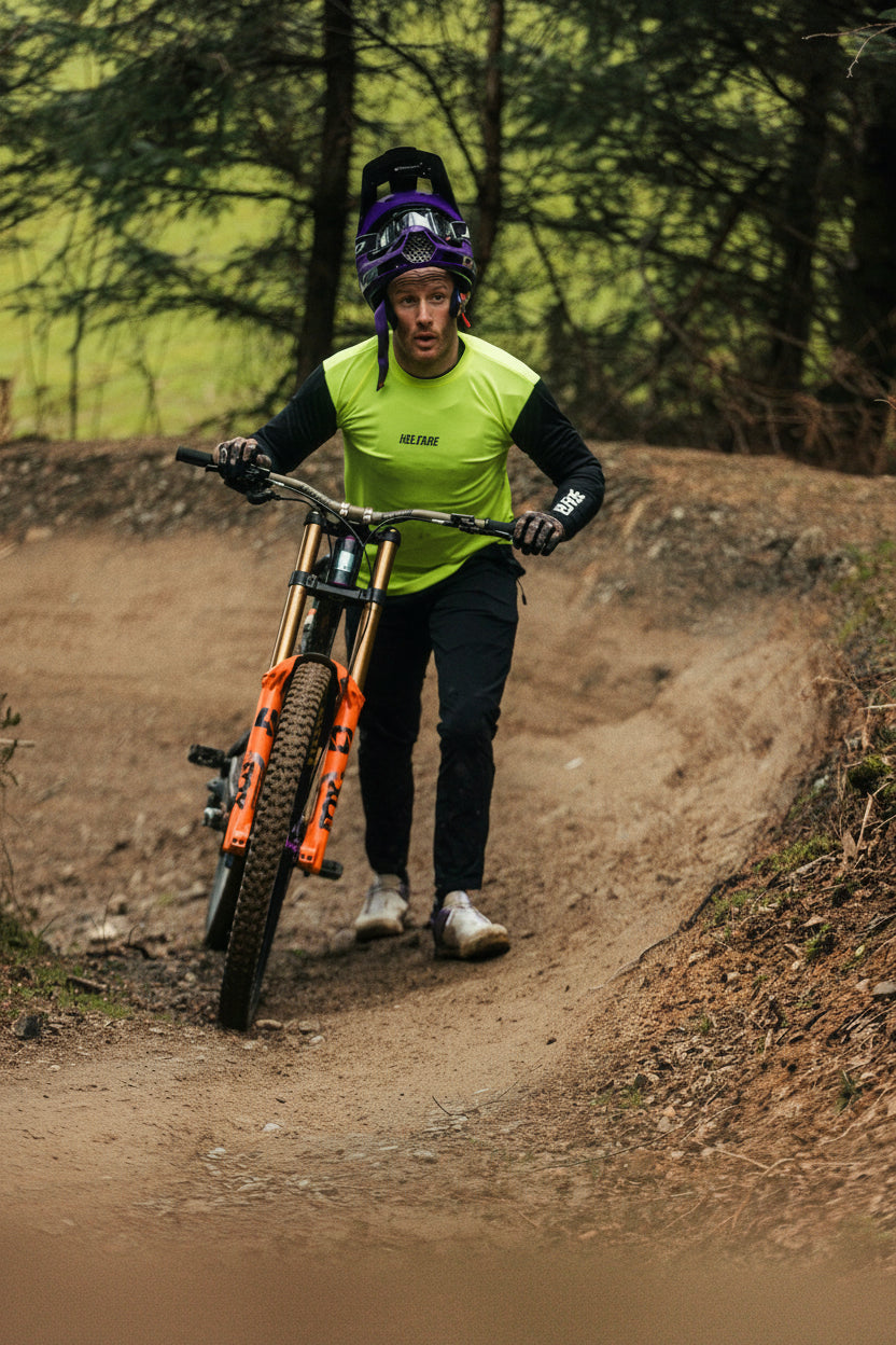 Person riding a mountain bike on a dirt trail in a forest