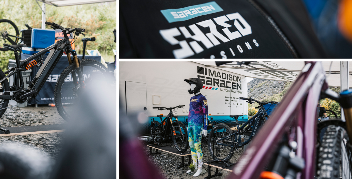 Collage of electric bikes, a person on a bike, and branded equipment with 'Shred Sessions' and 'Madison Saracen' visible.