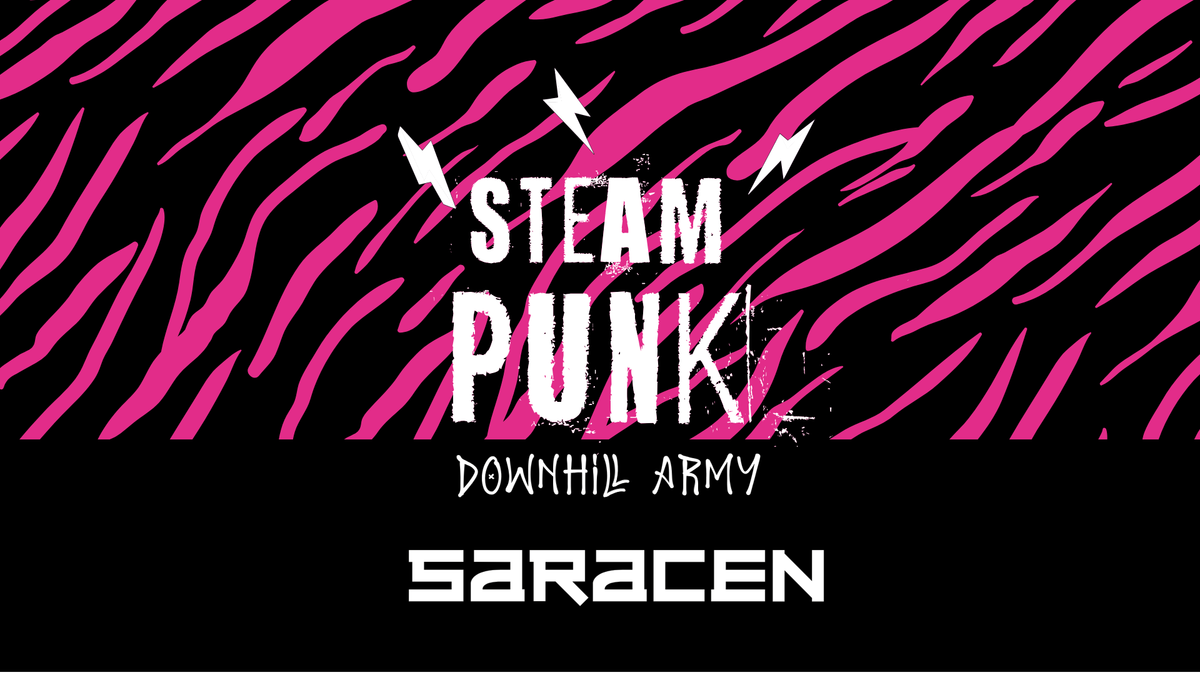 Steampunk-themed design with pink and black patterns and text on a black background.