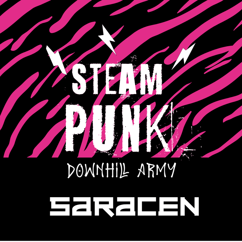 Saracen album cover with 'Steam Punk Downhill Army' text on a black and pink zebra pattern background.