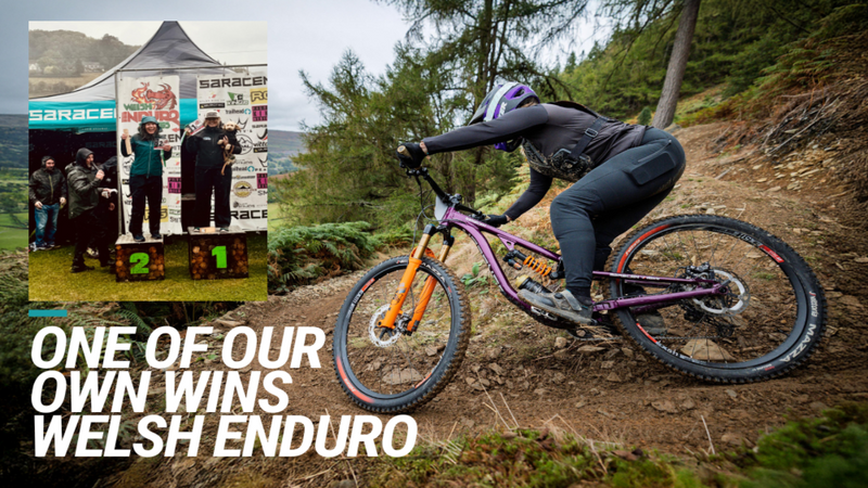 Person riding a mountain bike on a trail with an inset showing a group of people at an event.