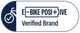 A digital badge or label featuring a dark navy blue bicycle icon with a checkmark inside a white circle on the left, and a white rounded rectangle on the right containing the text 'E-BIKE POSITIVE Verified Brand' in dark navy blue.