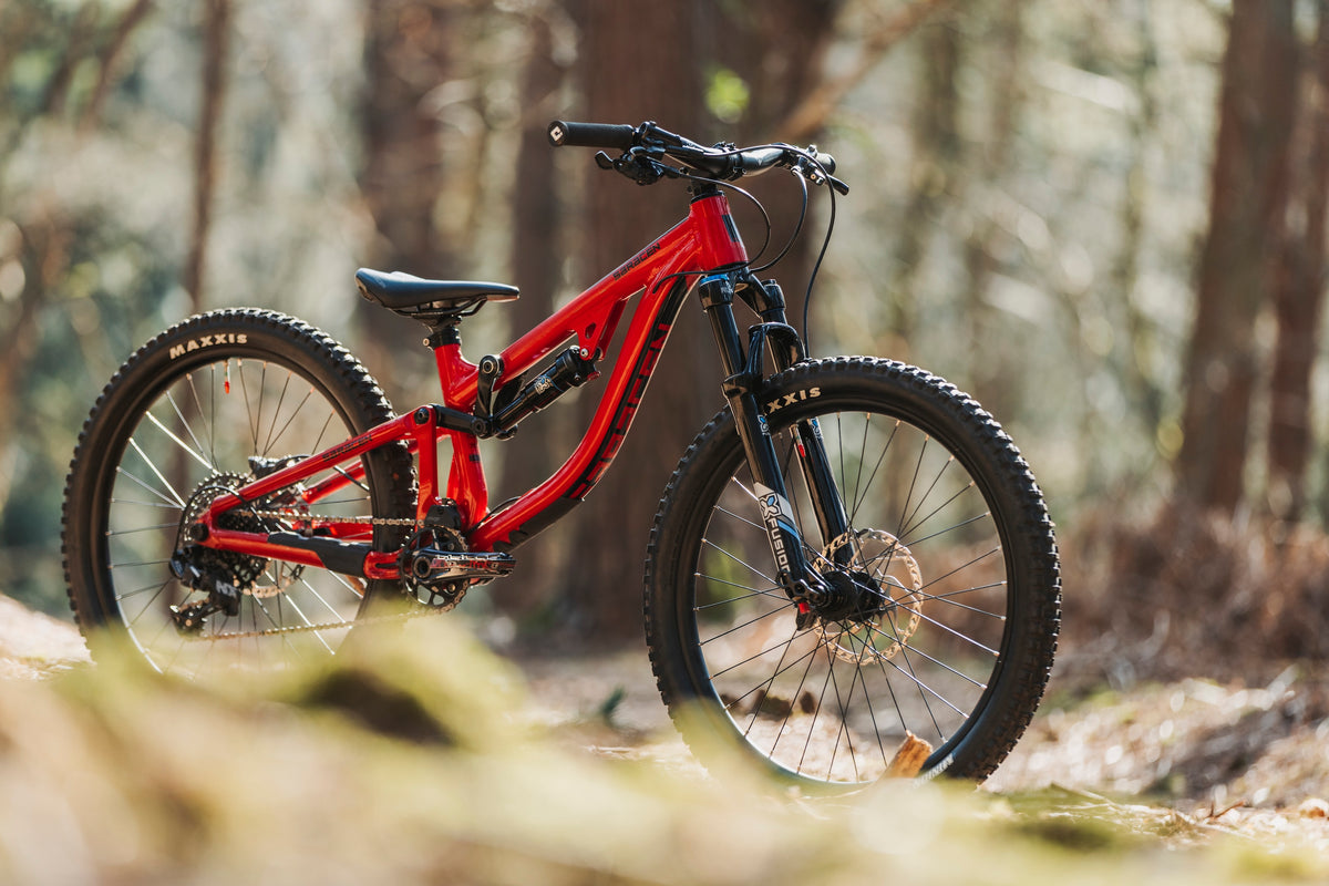 Red mountain bike on a forest trail