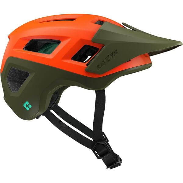 Orange and green helmet with 'Lazer' branding on a white background