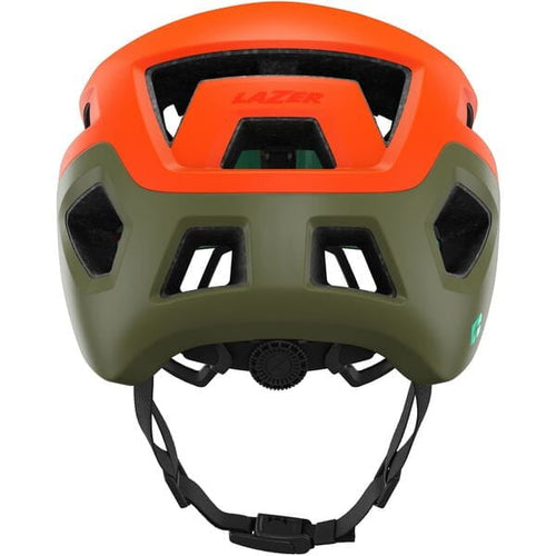Orange and green helmet with 'Lazer' branding on a white background