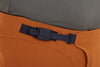 Close-up of a black belt buckle on orange pants with a gray shirt.