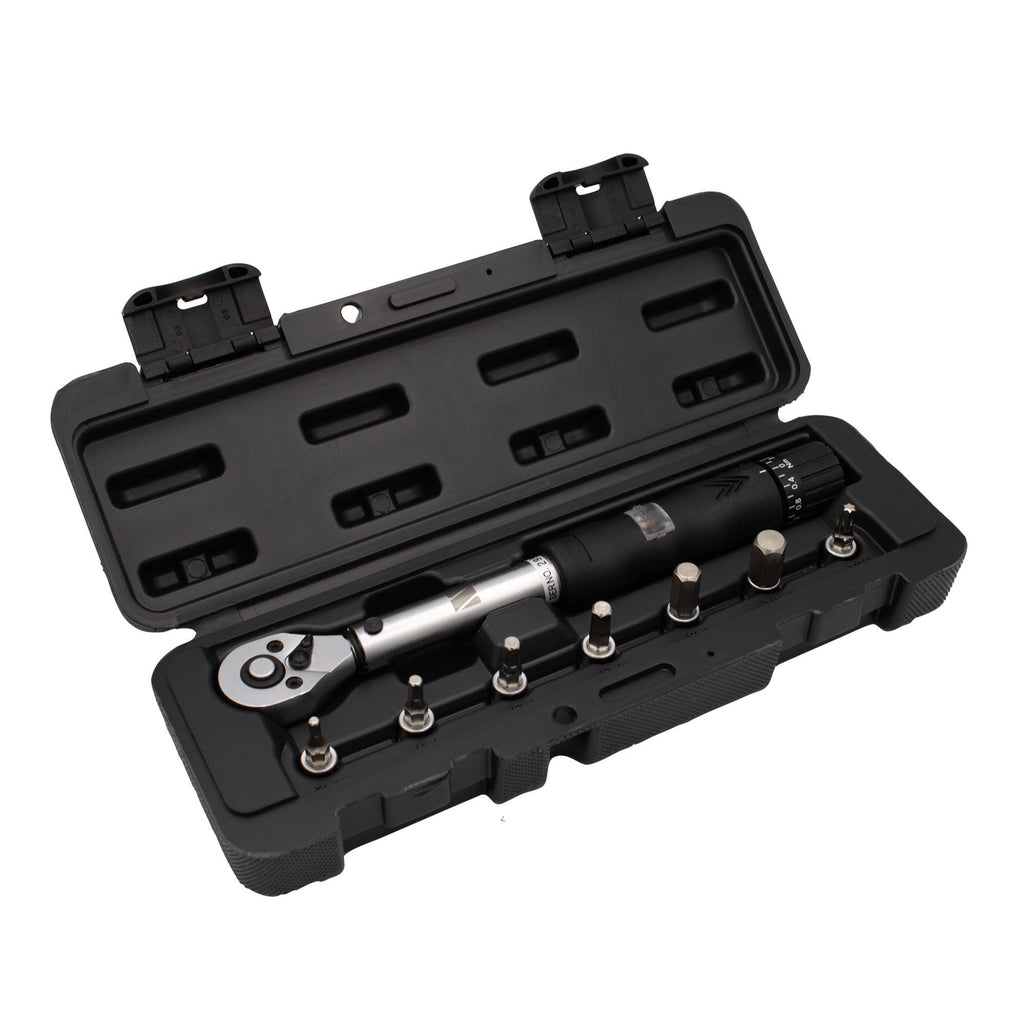 Black torque wrench set with accessories in a case on a white background