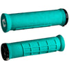 Pair of teal bicycle grips with black ends on a white background