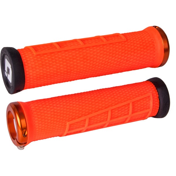 Pair of orange motorcycle grips with black ends on a white background
