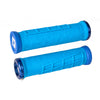 Pair of blue bicycle grips on a white background
