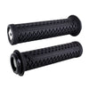 Two black motorcycle grips with textured surface on a white background