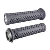 Two gray bicycle handlebar grips with a textured pattern on a white background
