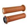 Pair of brown bicycle grips with checkered pattern on a white background