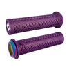 Pair of purple bicycle grips with textured surface on a white background