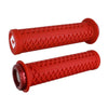 Two red motorcycle grips with a textured pattern on a white background