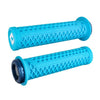 Pair of blue bicycle grips with a textured pattern on a white background