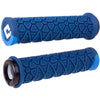 Pair of blue textured bicycle grips on a white background