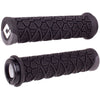 Pair of black textured motorcycle grips on a white background