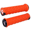 Pair of orange motorcycle grips with black ends on a white background