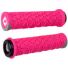 Pair of pink bicycle grips with textured surface on a white background