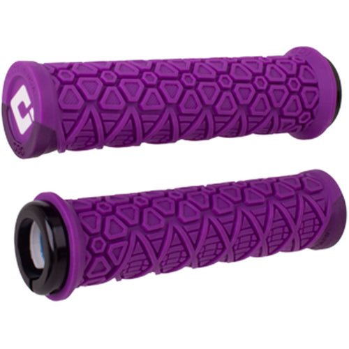 Pair of purple bicycle grips with textured pattern on a white background