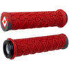 Red motorcycle grips with black ends on a white background