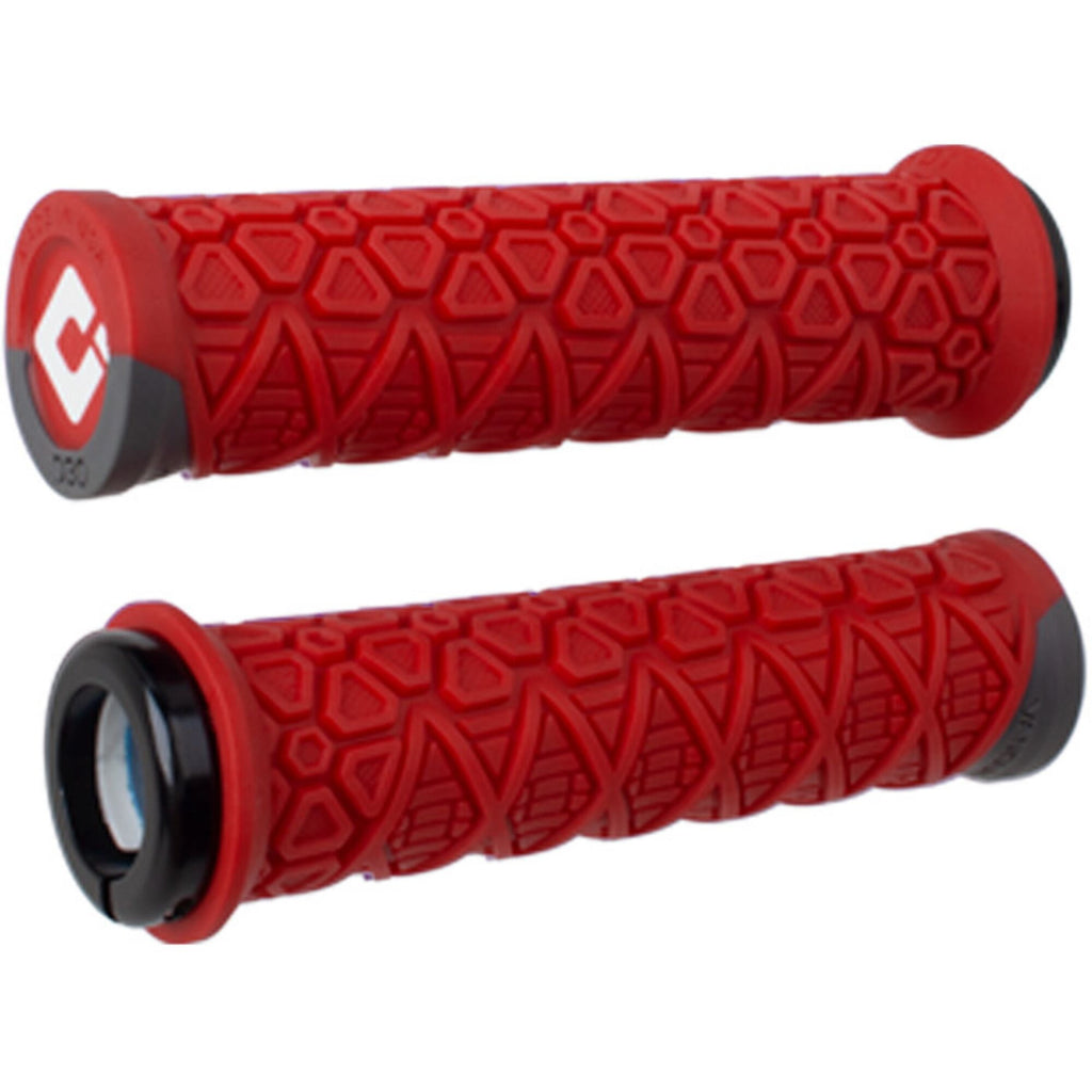 Red motorcycle grips with black ends on a white background