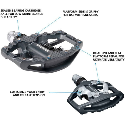 Bicycle pedals with features highlighted on a white background