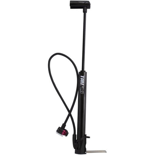 Black floor bike pump with hose on a white background