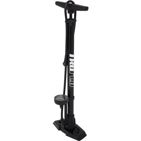 Black floor bike pump with a brand logo on a white background